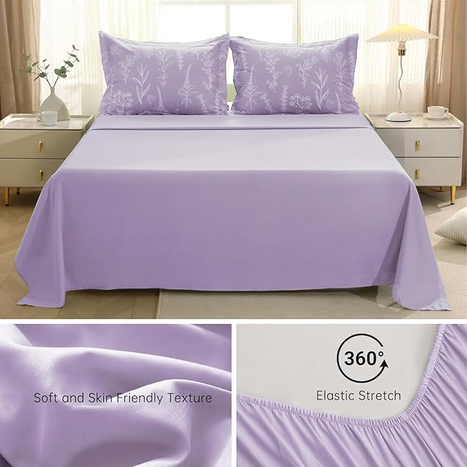 MUXHOMO Lavender Purple Bed in a Bag Queen 7 Pieces, Queen Comforter Set Reversible Botanical Flowers Design, Ultra Soft & Breathable Bedding Sets with Comforter, Sheets, Pillowcases & Shams