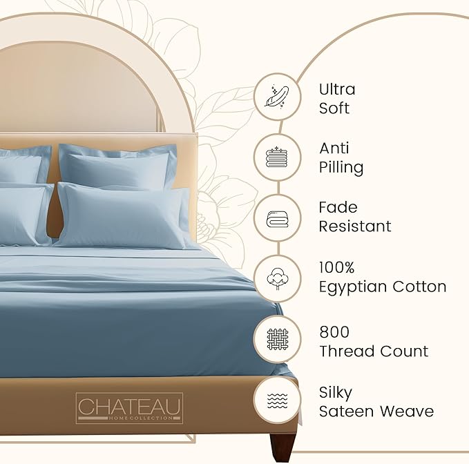 100% Egyptian Cotton Sheets For King Size Bed, 800 Thread Count Deep Pocket King Sheet Set, Elasticated Sheet & Pillowcase Sets, No Pill & Shrink, Soft & Comfy Naturally Cool & Breathable- French Blue