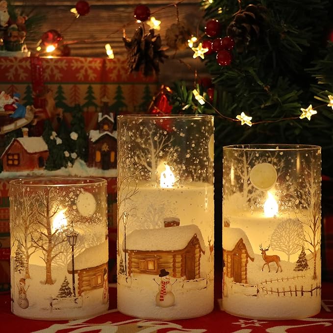 DRomance Snowman Glass Flameless Candles Battery Operated with Remote and Timer Real Wax LED Flickering Pillar Candles White Cold Light Window Christmas Holiday Decor D3 x 4",5",6"
