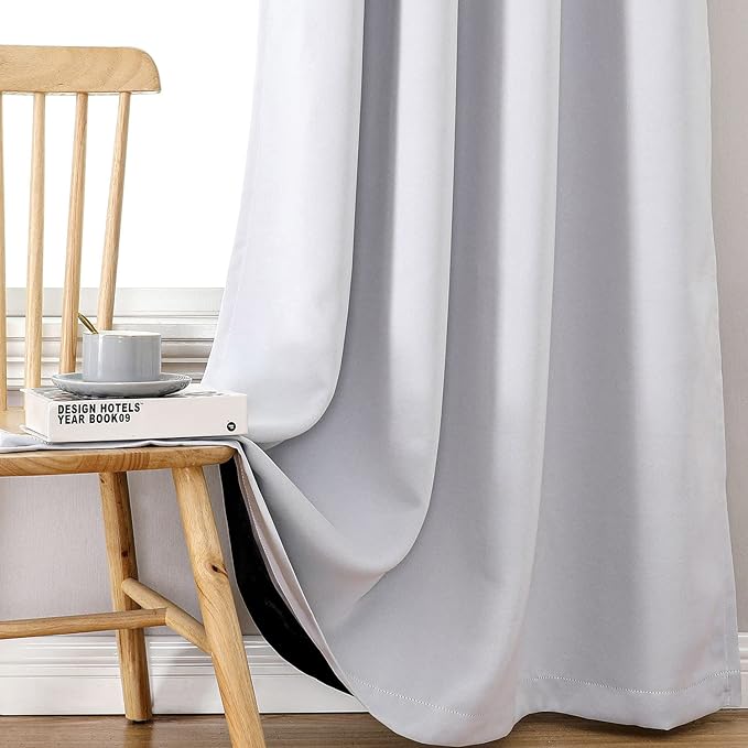 ChrisDowa 100% Blackout Curtains for Bedroom with Black Liner, 2 Thick Layers Total Blackout Thermal Insulated Grommet Window Curtains 2 Panels Set (Greyish White, 52 x 54 Inch)