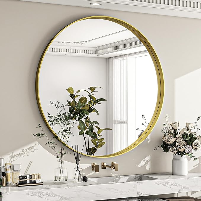 36 inch Round Bathroom Mirror, Gold Metal Deep Frame Wall Mounted Circle Mirror for Wall Decor, Living Room, Vanity, Entryway, Hanging or Leaning