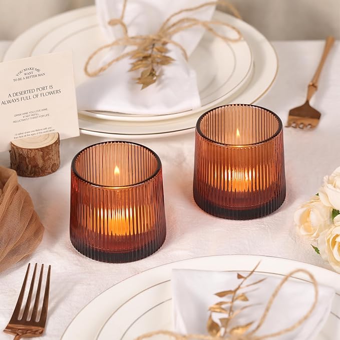 Amber Ribbed Tealight Votive Candle Holders Set of 10- Votive Candle Holders for Table Centerpiece, Tea Light Candle Holder Glass for Wedding and Home Decor, Blue Decor and Gifts