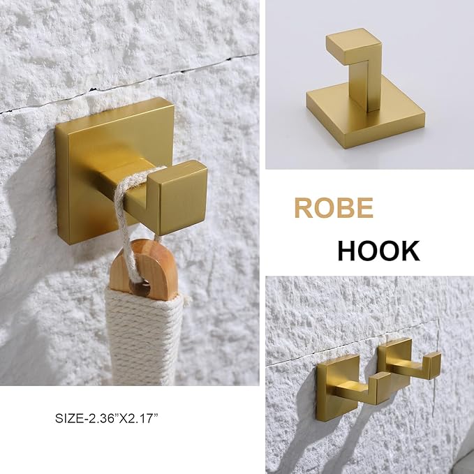 TASTOS Bath Towel Hooks Brushed Gold, 2 Pack Stainless Steel Robe Coat and Clothes Hook, Heavy Duty Wall Hook for Bathroom & Kitchen, Modern Square Style Wall Mounted…