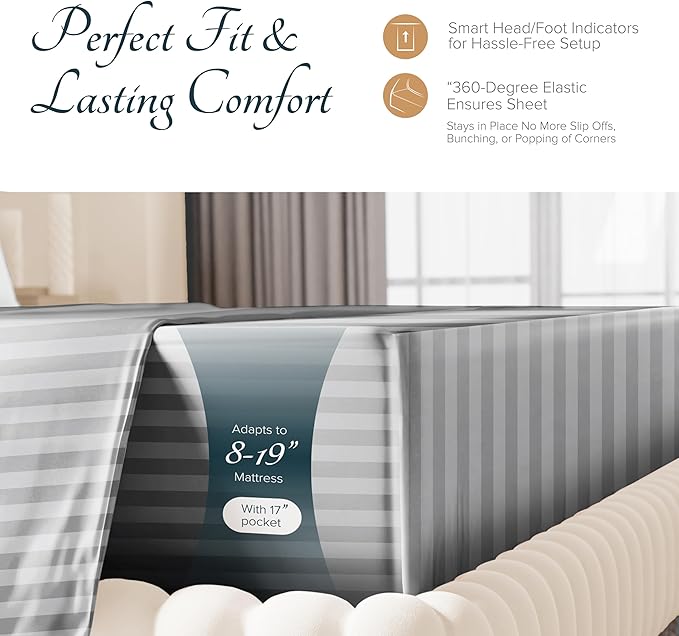Carressa Linen Egyptian Cotton Sheets - 1500 Thread Count 4 PC King Sheet Set Egyptian Cotton, Luxury Damask Sheets King Size, Silky Soft, Cooling Deep Pocket Sheet, Fits Upto 19" - Dark Grey Stripe