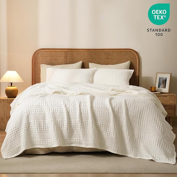 PHF 100% Cotton Waffle Weave Blanket Twin Size for Bed, Soft Lightweight & Breathable, All-Season Comfort, Luxury Aesthetic Woven Bedding for Home Decor, 66"x90", Ivory