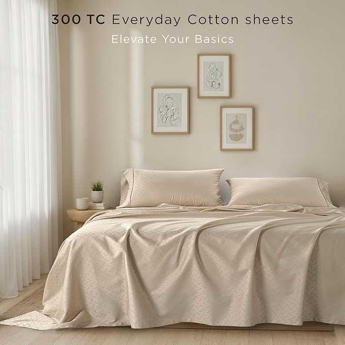 Threadmill Cotton Twin Sheet Set | 100% Cotton Sheets for Twin Size Bed | Damask Jacquard Sateen Bed Sheets Set with 16” Deep Pocket | Soft Breathable 3-Piece Cooling Sheet Set | Beige