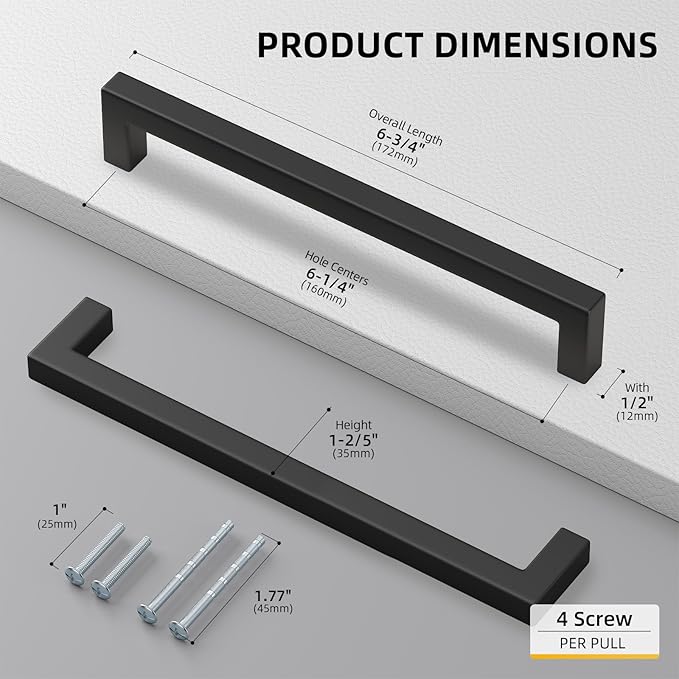 Goldenwarm 2 Pack Black Square Bar Cabinet Pull Drawer Handle Stainless Steel Modern Hardware for Kitchen and Bathroom Cabinets Cupboard,Center to Center 6-1/4in(160mm) Kitchen Cupboard Handles