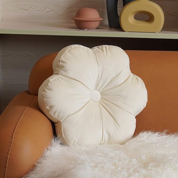 ARTMAGIC Flower Shaped Velvet Decorative Throw Pillow Cushion Ultra Soft Cute Floor Pillow for Couch Bed Sofa, White, 16x16 inch