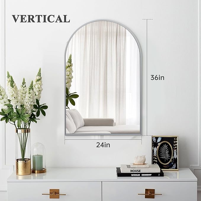 24" x 36" Silver Arched Mirror, Modern Aluminum Alloy Metal Frame, Arch Bathroom Vanity and Wall Decor Mirror for Bathroom, Living Room, Bedroom, Entryway