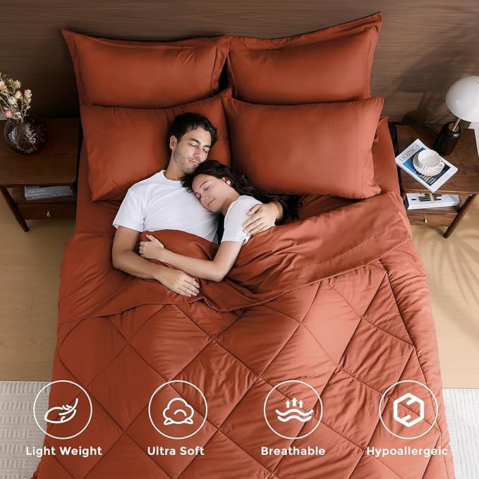 HEVUMYI Burnt Orange Twin Comforter Set - 5-Piece All Season Bed in a Bag Twin, Ultra Soft Bedding Set with Comforter, Flat Sheet, Fitted Sheet, Pillowcases, Pillow Shams
