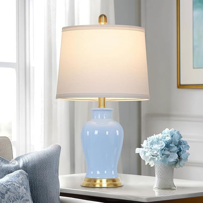 Blue Ceramic Table Lamps Set of 2, 23" Coastal Ceramic Lamps with Ginger Jar Design, Modern Bedside Lamp for Living Room End Table, Elegant Bedroom Lamp for Nightstand Desk Side Home Decor