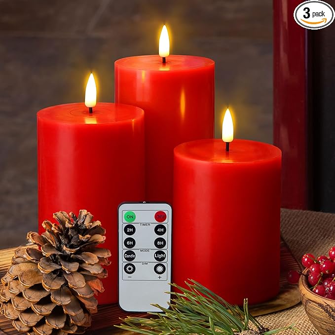Eywamage Red Flameless Pillar Candles with Remote, Flickering Battery Operated LED Wax Candles Set of 3