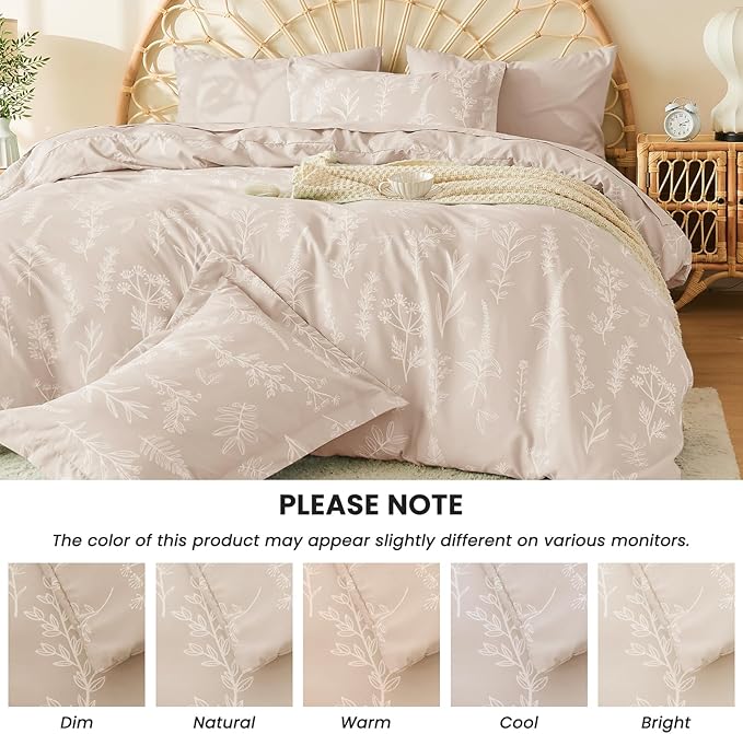MUXHOMO Beige Full Comforter Set, Elegant Floral Print Bed in a Bag 7 Pieces, Ultra Soft & Breathable Reversible Botanical Pattern Bedding Set with Comforter, Sheets, Pillowcases, and Shams