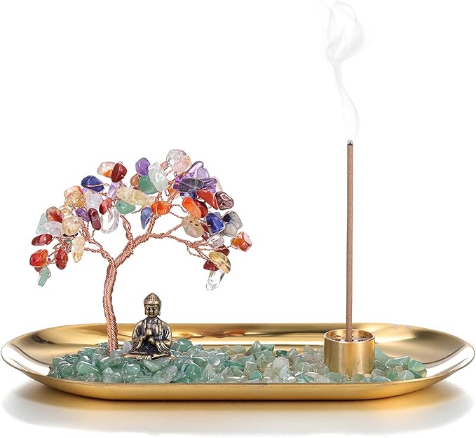 Jovivi Crystal Incense Holder for Sticks, Healing Crystal Stone Money Tree Buddha Statue Set Incense Burner, Incense Trays for Wealth, Good Luck,Yoga Meditation Home Decor