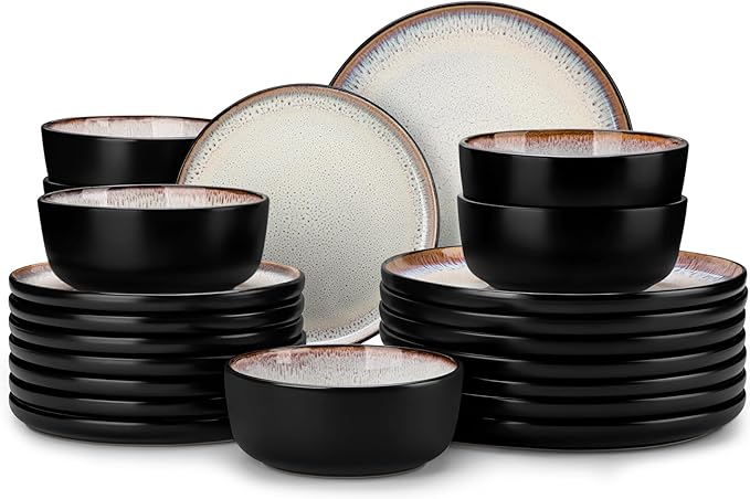 vancasso Plates and Bowls Sets, 24 Pieces Stoneware Dinnerware Sets for 8, Kitchen Dish Set Mircowave and Dishwasher Safe Dinner Set Ceramic Dishware, Light Cream, Series AMBER