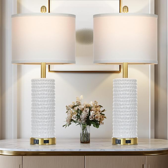 26" White Table Lamps for Living Room Set of 2, Ceramic Bedroom Lamps for Nightstands, Modern Bedside Lamps for Bedroom Living Room, Nightstand Lamps for End Table, Hallway, Gold and White
