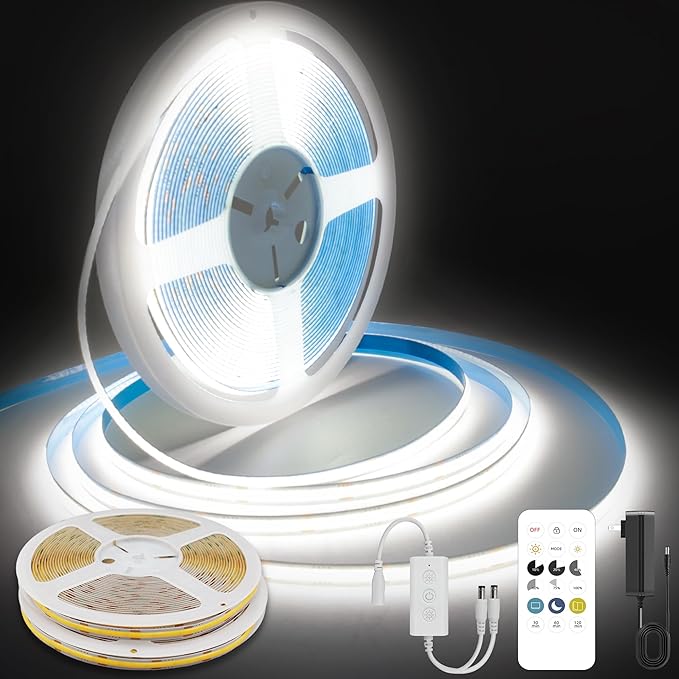 COB LED Strip Lights Cool White,24V Dimmable led Light Strip KIT with Remote and app Control,6000K 50FT/15m 8mm Wide Ra>90 Cuttable Flexible Strip Lights for Bedroom,Shelf,Cabinet