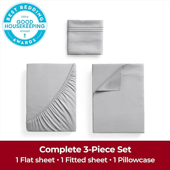 Mellanni Twin Sheets Set - 3 PC Iconic Collection Bedding - Hotel Luxury, Extra Soft, Cooling Bed Sheets - Wrinkle, Fade, Stain Resistant (Twin, Light Gray)