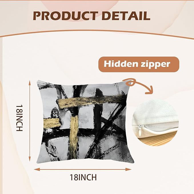 Black White Gold Pillow Covers, White Black and Gold Pillow Covers 18x18 Set of 2, Modern Black and White Pillow Covers for Couch Bed Living Room