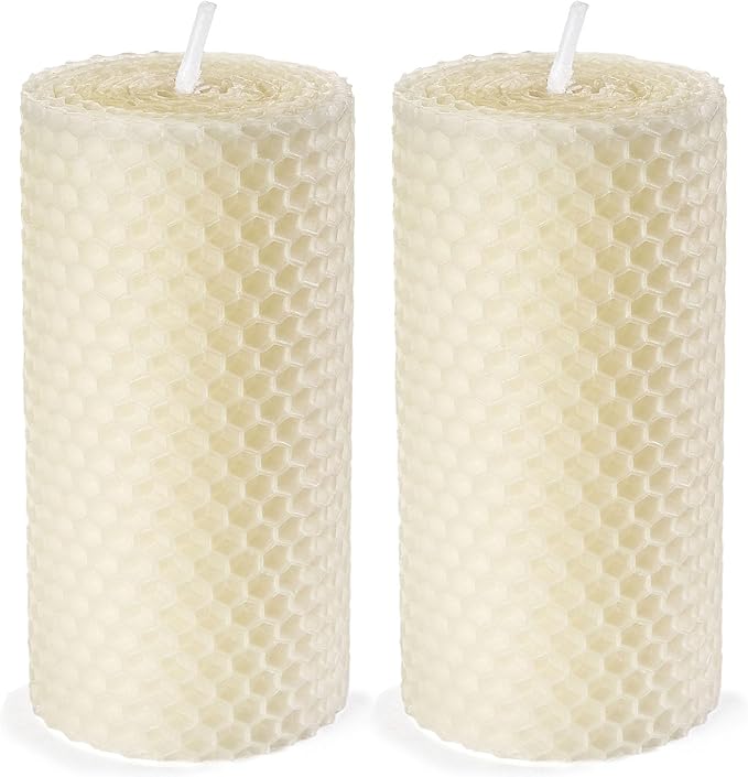 Drippless Beeswax Pillar Candle - Hand Rolled Pure Natural Beeswax Candles 2 x 4 inch, Honeycomb Surface - Great for Home Decor, Best Choice for Mother Father or Sister Gift - Pack of 2 Ivory White