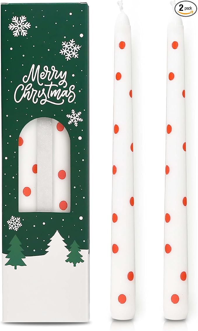 2 Pack Christmas Taper Candles, 10 Inch Unscented Candlesticks with Red Polka Dots for Holiday Table Centerpiece, Fireplace Mantel, Advent Wreaths, Winter Weddings, Home Decor