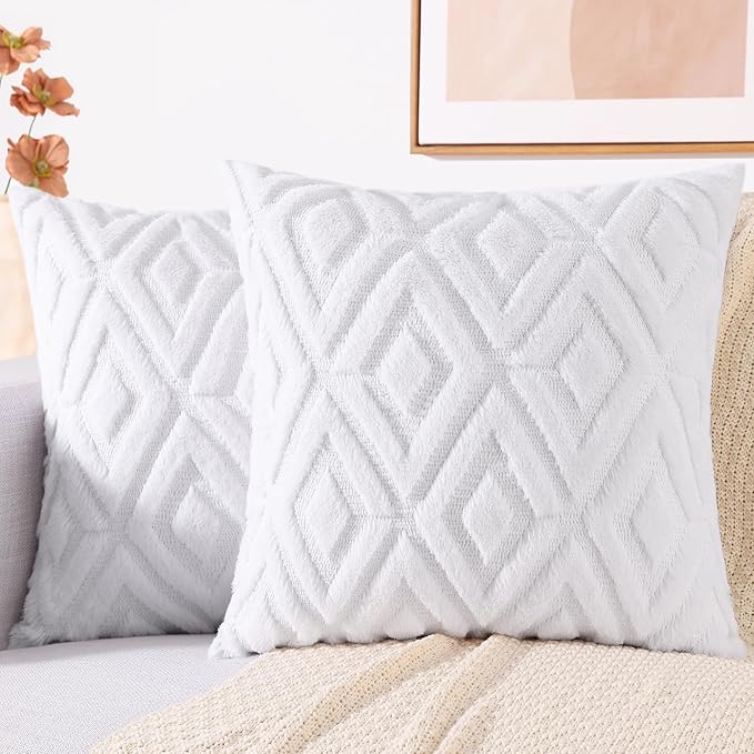decorUhome Couch Throw Pillow Covers 16x16 Set of 2, Decorative Soft Plush Faux Wool Neutral Accent Pillow Covers for Bed Sofa Living Room, Pure White