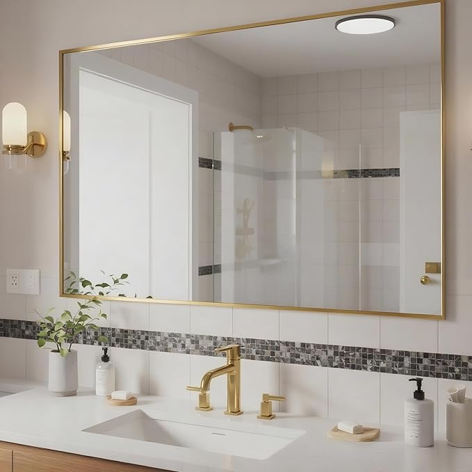 24x40 Inch Brass Bathroom Mirror for Wall, Aluminum Frame Rectangle Rectangular Vanity Mirror, Modern Large for Bedroom, Living Room, Horizontal or Vertical