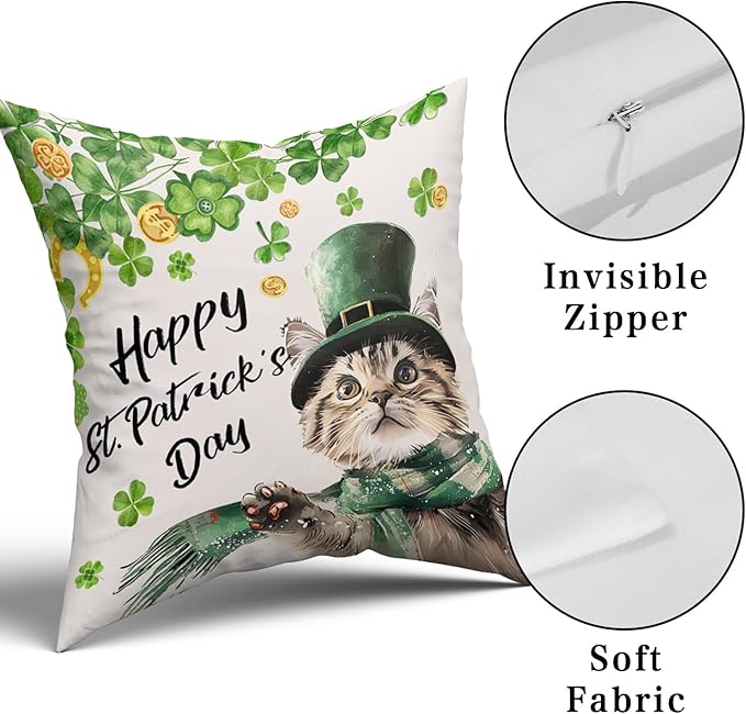 Giwawa Patrick Cat Throw Pillow Covers Set of 2, 16x16in Happy St Patrick's Day Kitten Decorative Square Pillow Cases, Clover Shamrock Soft Cotton Cushion Covers for Sofa Couch Bedding Decor