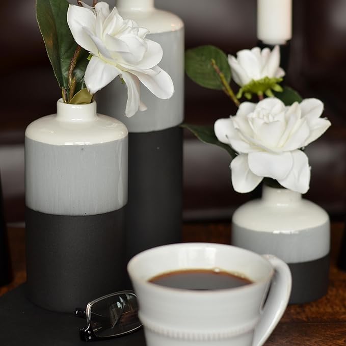 Iconic Dipped Scandinavian Style Bud Vases, Set of 3, Glazed Porcelain, Tonal Shades, Pale Grey, Grey, and Black, Round, 11.5, 7, 4.25 Inches
