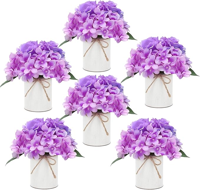 Flower Table Centerpieces - Set of 6 Floral Arrangement Artificial Wedding Hydrangeas Floral Arrangement with Rustic Metal Vase for Bridal Tea Party Event Decorations - Purple