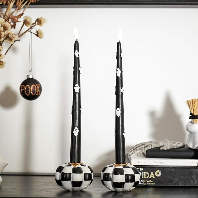 WDS WONDROUS Pumpkin Candle Holders Set of 2 Black & White, Fall & Halloween Thanksgiving Decor, Pumpkins Candlestick Holders for Centerpiece, Checkered Pumpkin Decor, Taper Candle Holders for Table