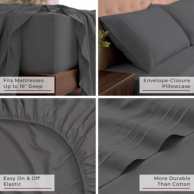 Mellanni California King Sheets Set - 4 PC Iconic Collection Bedding - Hotel Luxury, Extra Soft, Cooling Bed Sheets - Wrinkle, Fade, Stain Resistant (Cal King, Gray)