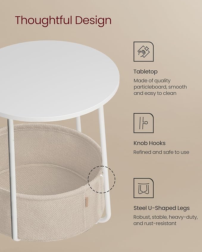 VASAGLE LILEA Collection - Small Round Side End Table, Modern Nightstand with Fabric Basket, Matte White and Camel Brown ULET223W10