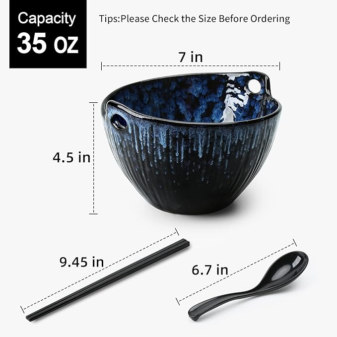 Ramen Bowl with Chopsticks and Spoons Set, 7 Inch Ceramic Noodle Bowl Set of 2, Dishwasher Safe for Pho Udon Soba Noodle Salad Pasta, Special Reactive Glazed Navy Bowls Set