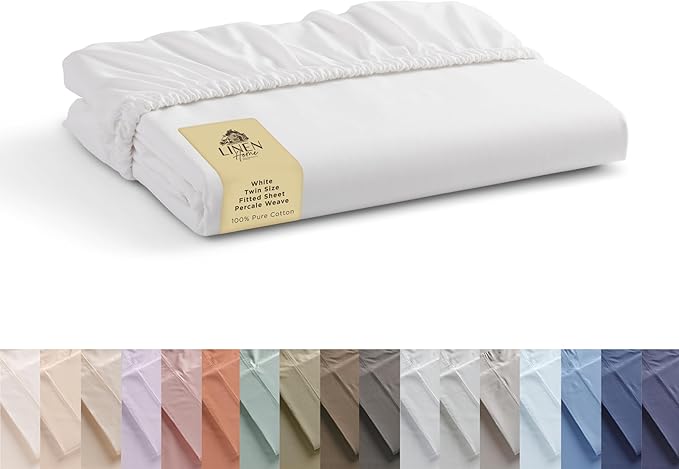 Linen Home 100% Cotton Percale Weave Fitted Sheet, Twin Size, White, 1 Deep Pocket Fitted Sheet, Fits Mattress Upto 16" Crisp and Cool Strong Bed Linen, 39"X75"+15"