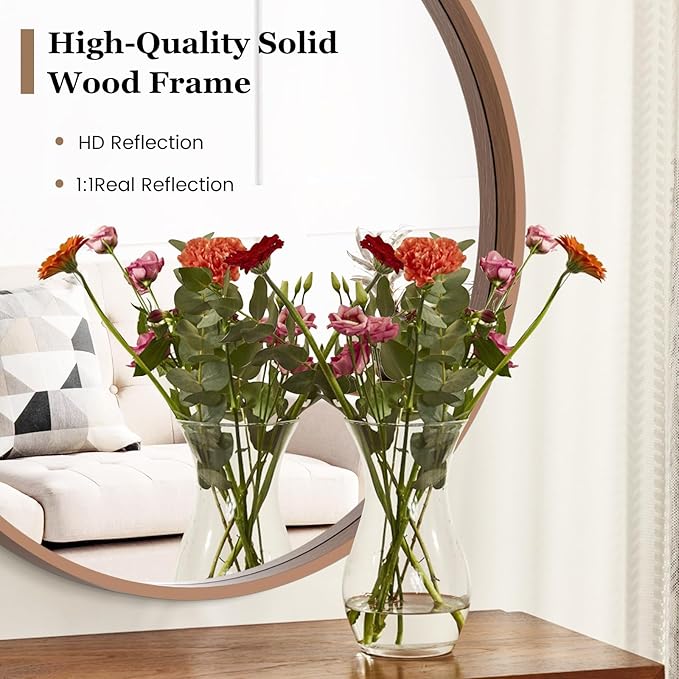 HOMECOOKIN Round Wood Mirror, 28" Round Bathroom Wall Mirror Circle Mirrors for Wall Decor, Vanity, Living Room, Bedroom, Entryway, Walnut