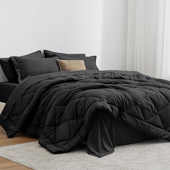 Love's cabin Queen Comforter Set Black, 7 Pieces Queen Bed in a Bag, All Season Bedding Sets with 1 Comforter, 1 Flat Sheet, 1 Fitted Sheet, 2 Pillowcase and 2 Pillow Sham