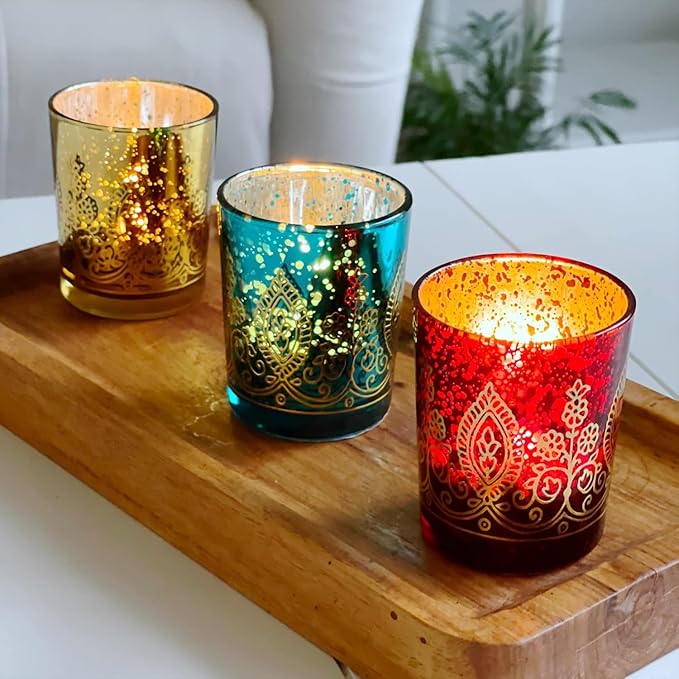 Kate Aspen 20205NA Tealight Henna Glass Votive Candle Holders, Indian Wedding Decorations and Party Favors (Set of 6), Assorted