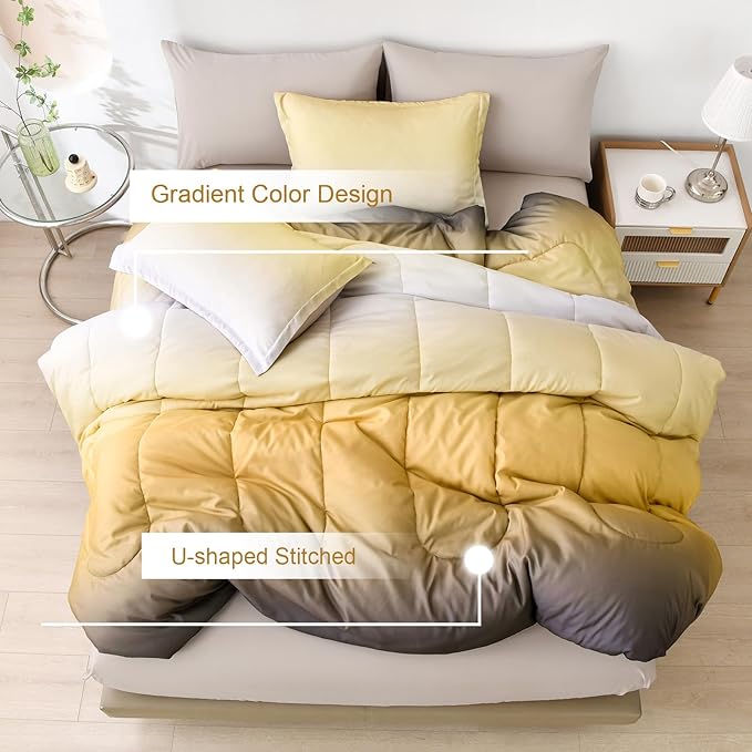 Anibedding 7 Pieces Gradient Yellow Comforter Set - Lightweight Grey and Yellow Ombre Bed in a Bag Set, All Season Down Alternative Light Grey Abstract Bedding Set for Teen Boys Girls Women (90" x90")