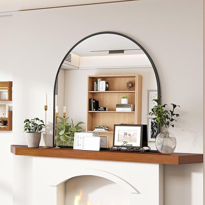 VooBang Wide Arched Wall Mirror, 31 x 32 inch Arch Bathroom Mirror, Wall Mounted Vanity Mirror with Arch Metal Frame, Modern Bathroom Vanity Mirror for Bedroom, Living Room, Hanging or Leaning, Black