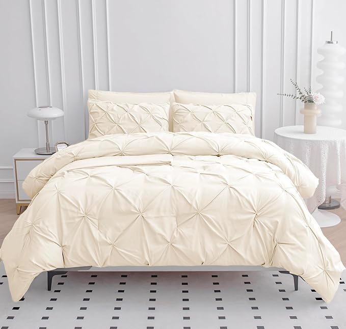 LANE LINEN Twin Comforter Set - 5 Piece Pintuck Twin Bed in a Bag, Pinch Pleat Bedding Set with Comforter, Sheets, Pillowcases & Shams - Ivory