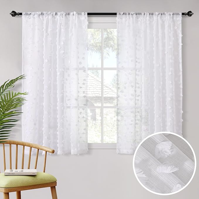MYSKY HOME White Sheer Short Curtains with Pom Pom for Small Windows Bedroom Nursery Kids Girls Room Curtains Cafe Kitchen Light Filtering Boho Drapes, Rod Pocket,38 x 54 Inches, 2 Panels