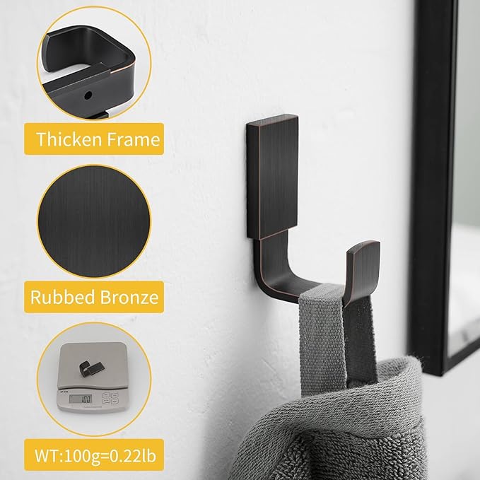 BESy Brass Clothes Hook Single Towel Hook for Bathroom Kitchen Garage Square Style Robe Hooks Coat and Hat Hook, Self Adhesive with Glue or Wall Mounted with Screws, Oil Rubbed Bronze