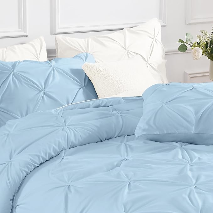 Andency California King Comforter Set Light Blue (104x96Inch), Pinch Pleat Cal King Comforter Set 3 Pieces, Oversized King Pintuck Bed Comforter, Microfiber Down Alternative Comforter Bedding Set