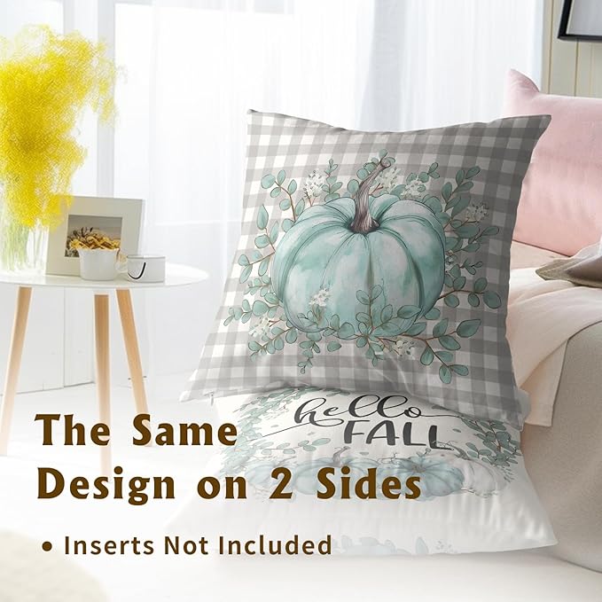 Fall Pumpkin Throw Pillow Covers - Autumn Harvest Pillow Covers 20x20 Teal Grey Pumpkins Pillow Cases Thanksgiving Cushion Case for Farmhouse Porch Patio Outdoor Indoor Home Decor