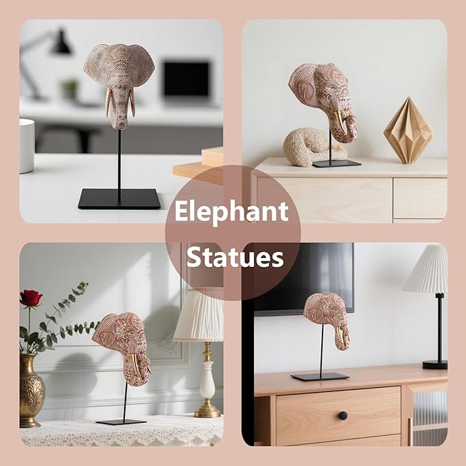Elephant Head Statues Elephant-Shaped Decor Home Living Room Decor Sculpture Shelf Decorations Ornaments Office Figurine Desktop Accent Aesthetic Collectibles (White-Brown)