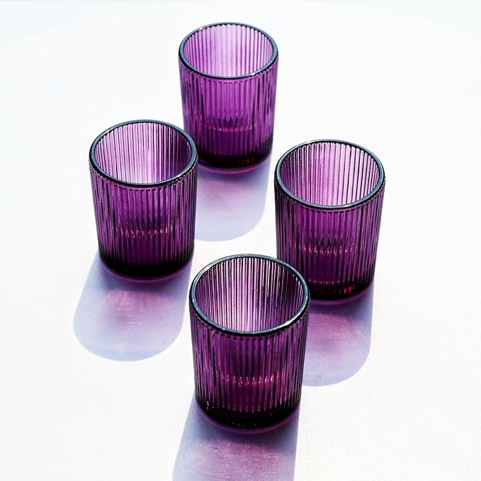 VOHO 12pcs Purple Votive Candle Holders for Christmas Holiday Decorations, Vintage Glass Votive Candle Holder for Coffee Table Centerpiece, Ribbed Tealight Candle Holder for Birthday Gifts