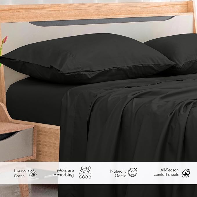Royale Linens 300 Thread Count 100% Long Staple Combed Cotton Flat Sheet - Super Soft - Top Sheets - Full Flat Sheet Sold Separately - Breathable, Cool & Crisp Percale Sheets Only (Twin XL, Black)