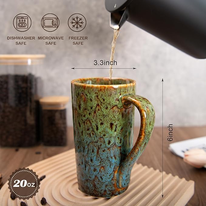 20oz Porcelain Coffee Mugs Set of 4, Large Tall Coffee Mugs with Handles, Modern Ceramic Coffee Cups for Coffee, Tea, Cocoa, Milk, Gifts for Women Men - Green & Blue