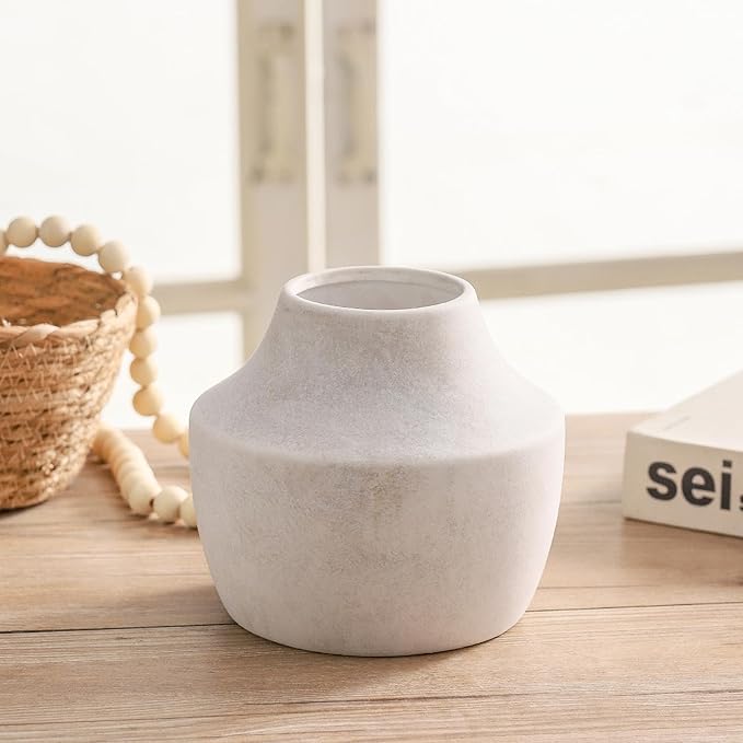 Mitt&Ditt Ceramic Flower Vase, 5.3 inch Off-White Farmhouse Rustic Vase, Handcrafted Weathered Pottery Vases, Small Flower Terracotta Vases for Home Decor, Living Room, Table, Shelf